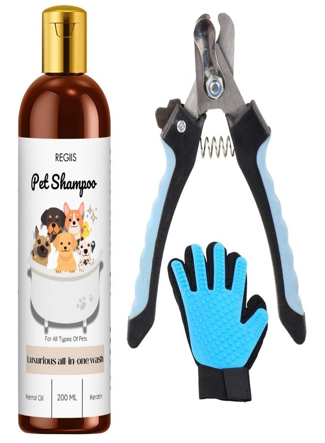 REGIIS Pet Grooming Kit, Luxurious All-in-One Dog Shampoo with Kernal Oil and Keratin, 200 ML, Includes Nail Clipper and Deshedding Glove - Image 1